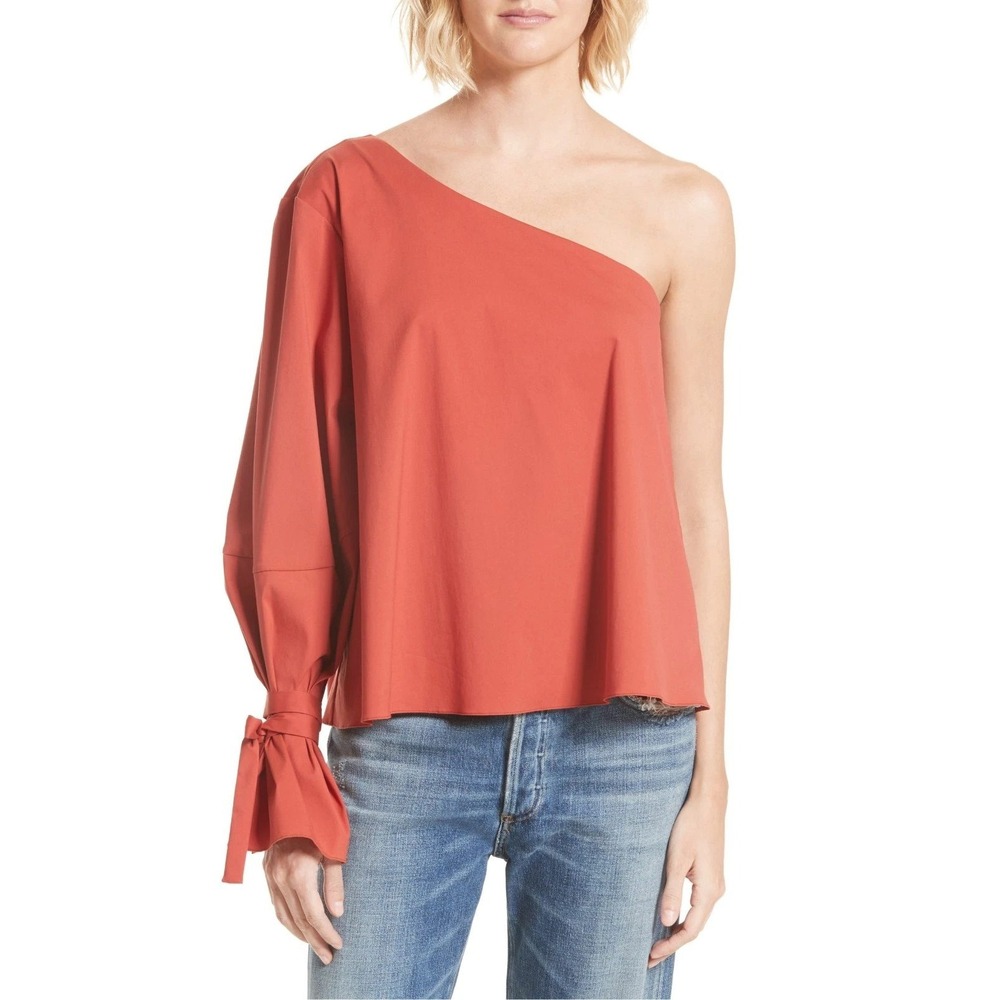 Tanya Taylor Anka Cotton One Shoulder Puff Sleeve Tie Blouse Red Size 2
